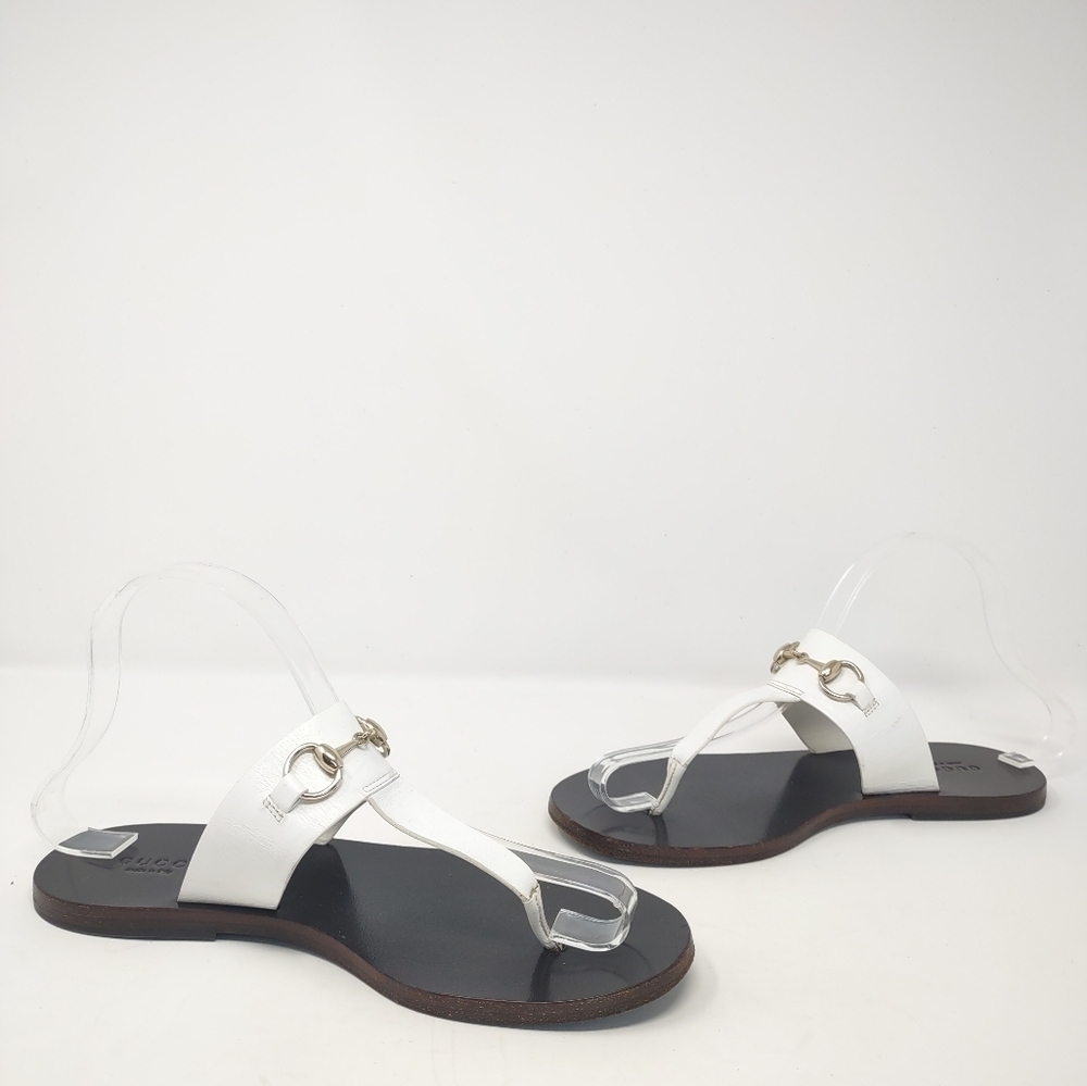 Gucci 37 Marcy horsebit thong sandals white leather flip flops flats - Picture 3 of 12